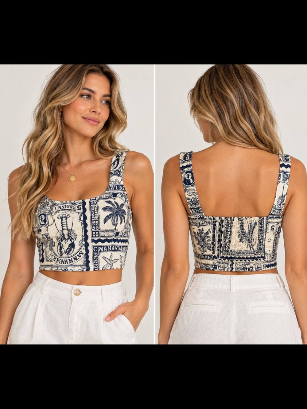Artelier Nicole Miller Coastal Nautical Postage Print Linen Crop Top Size Small